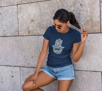 Hamsa Evil Eye / Fatima Yoga Hand Of Fatima / Spirituel Hamsa Hand T-Shirt, Yoga, Méditation, Unise Navy - 1