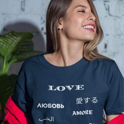 Love is International Texto blanco - Camiseta unisex, camiseta Love and Piece, Trend Now UK - Azul marino -