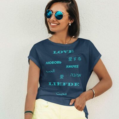 Love is International Green Text - Unisex T-Shirt für Frauen, Love and Piece T-Shirt, Trend Now UK - Navy -