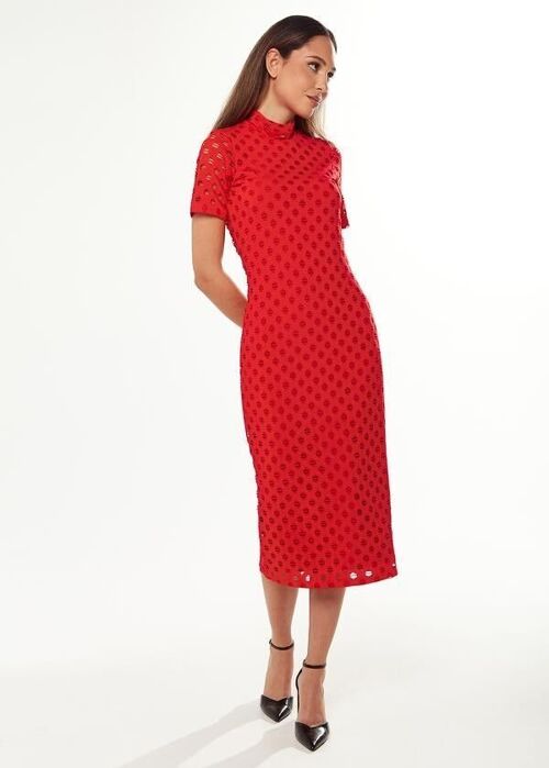 Liquorish Midi Dress with High Neck, Short Sleeves and Open Back Detail in Red - 8