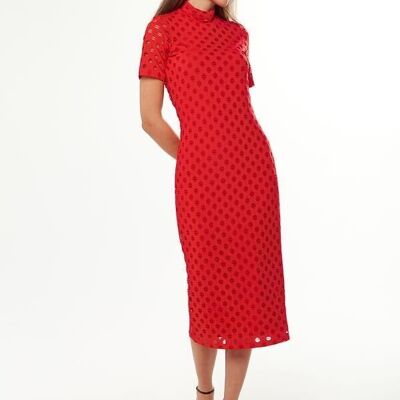 Liquorish Midi Dress with High Neck, Short Sleeves and Open Back Detail in Red - 8