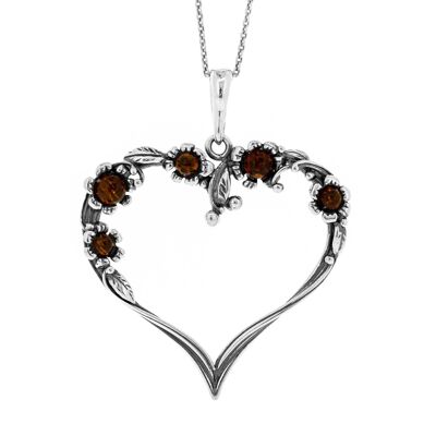 Cognac Amber Floral Heart Pendant with 18" Trace Chain and Presentation Box
