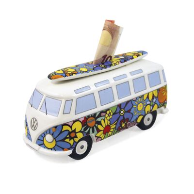 VOLKSWAGEN BUS Salvadanaio bus VW T1 con tavola da surf (1:18) - Flower Power