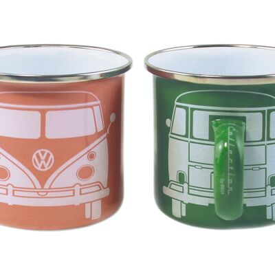 VOLKSWAGEN BUS VW T1 Bus Taza esmaltada, 2 piezas, 350ml - verde/rosa