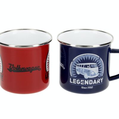 VOLKSWAGEN BUS VW T1 Bus Enamel cup, 2 pieces, 350ml - red/blue