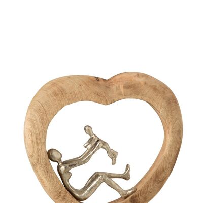 figura padre con nino corazon mango madera/aluminio natural/blanco