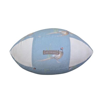 Rugby Ball Cushion - Blue Pheasant - Natural Cotton Gift Bag